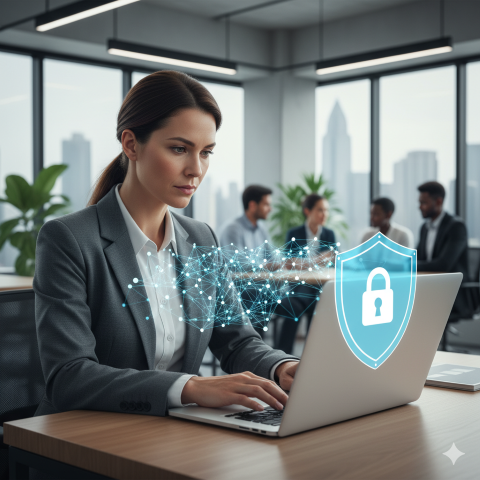 Enterprise VPN network security infrastructure with shield protection and encrypted connections for business data protection
